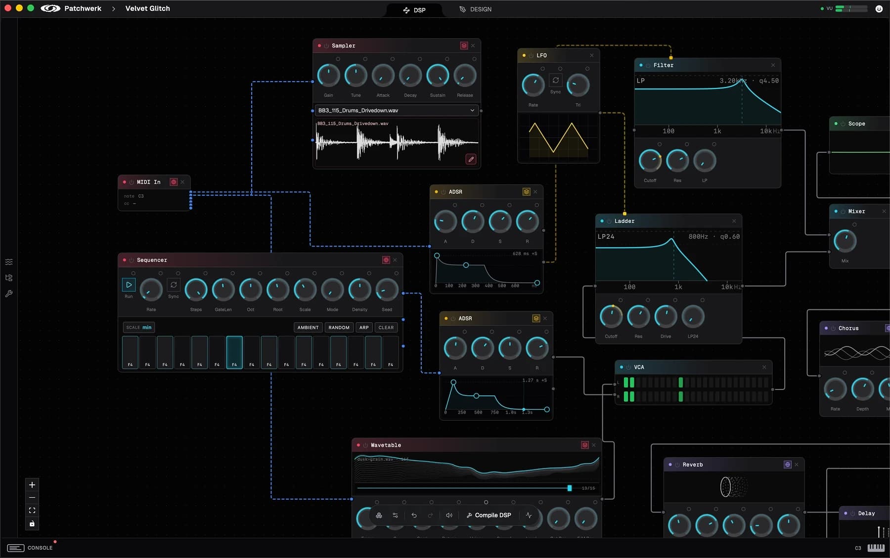 The Patchhaus DSP graph: oscillators, samplers, filters and modulation wired on one canvas