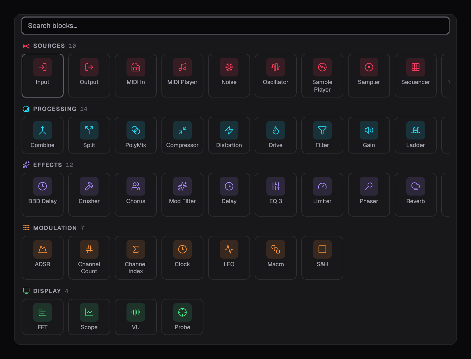 The block palette with all categories